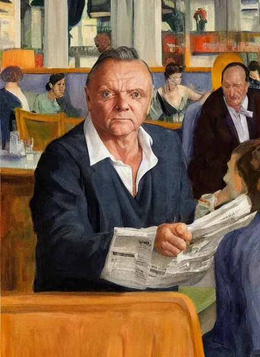 Prompt: Anthony Hopkins reading newspaper at the restaurant packed with women that look like Gal Gadot in the style of Francis Bacon and Frank Lloyd Wright, art deco interior, skylight open ceiling, highly detailed, painted by Edward Hopper, painted by James Gilleard