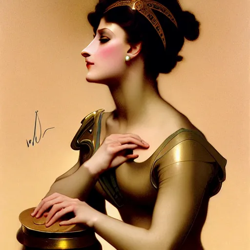 Prompt: android with metallic skin, ornate, regal, digital illustration, concept art, by Rolf Armstrong and William-Adolphe Bouguereau