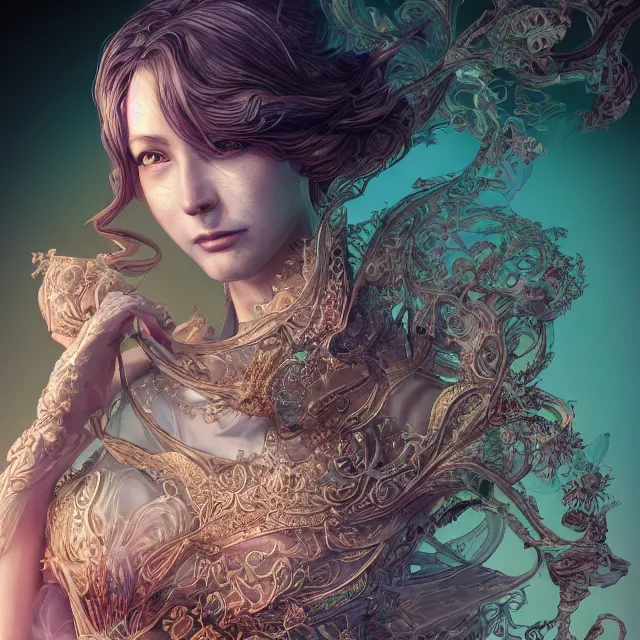 Image similar to the portrait of the lawful good alignment personified as an absurdly beautiful, graceful, elegant, sophisticated, young woman, an ultrafine hyperdetailed illustration by kim jung gi, irakli nadar, intricate linework, bright colors, octopath traveler, final fantasy, unreal engine 5 highly rendered, global illumination, radiant light, detailed and intricate environment