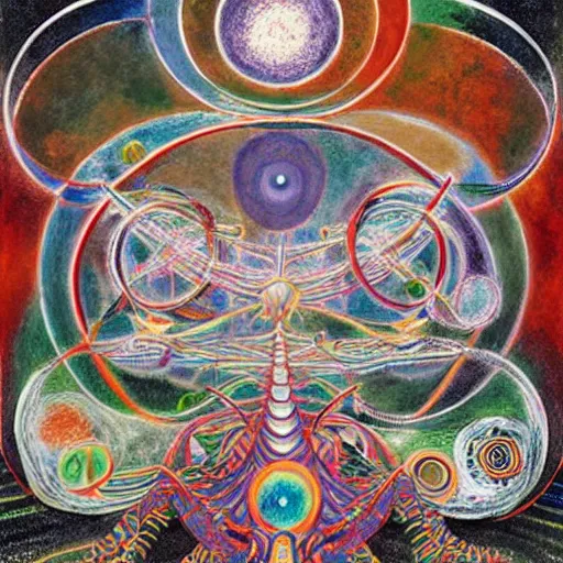 Prompt: interdimensional machine elves, painted by alex grey and hilma af klint and andrew wyeth