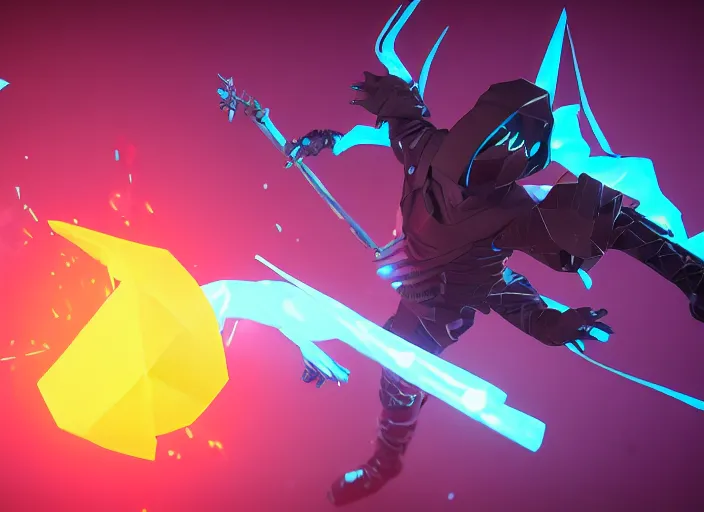 Prompt: low poly model of a neon ninja in an epic battle with a demon, sci-fi, cinematic, 12k, unreal engine