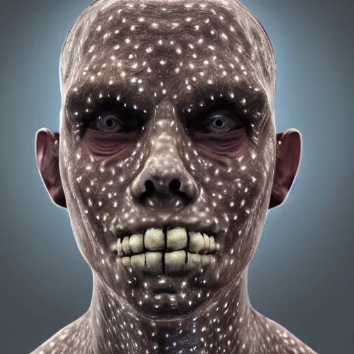 Image similar to a person with disgusting holes in his skin, horror, trypophobia, realistic, volumetric lighting, extremely detailed