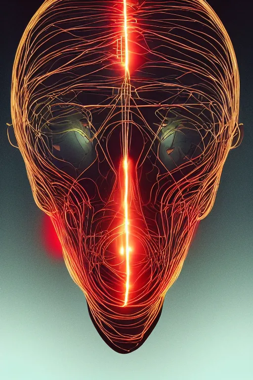 Image similar to organic cyborg head wrapped in plastic wire by pixar, centered, symmetrical, cinematic lighting, gold and red, bilateral symmetry, 80s poster, polished, thick smoke, retro dark vintage sci-fi, 2D matte illustration