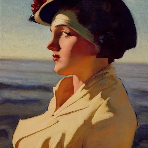 Image similar to woman on black dress, part leyendecker style, sea behind, pretty face, part dean cornwell style