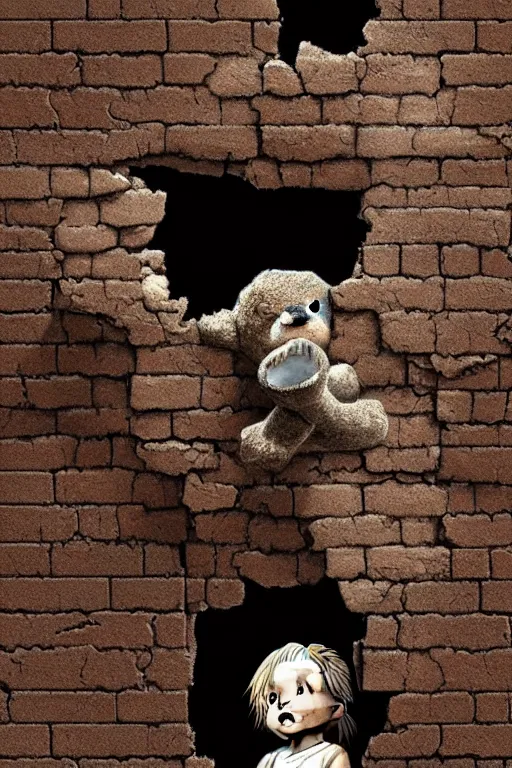 Prompt: giant crack hole on the brick concrete wall, child with dirty face watching from inside the crack reaching towards camera hand is holding a dirty ealistic teddybear. gloomy, intricate, elegant, highly detailed, digital painting, artstation, concept art, addiction, chains, smooth, sharp focus, illustration, art by ilja repin and greg rutkowski