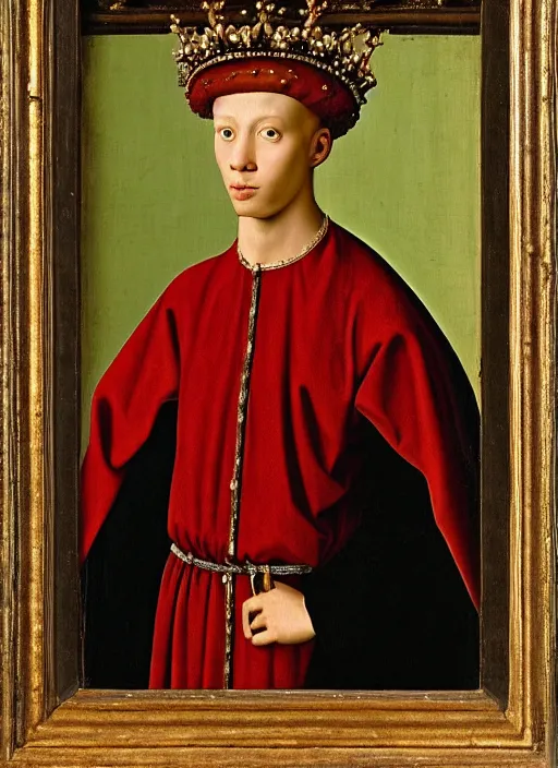 Image similar to portrait of a young man who is a king with a crown, medieval painting by Jan van Eyck, Florence