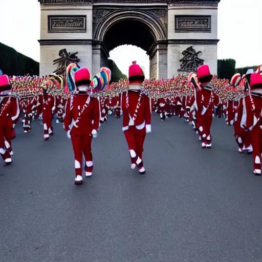 Image similar to a large group of people wearing clown hats marching in formation through the arc de thriump.