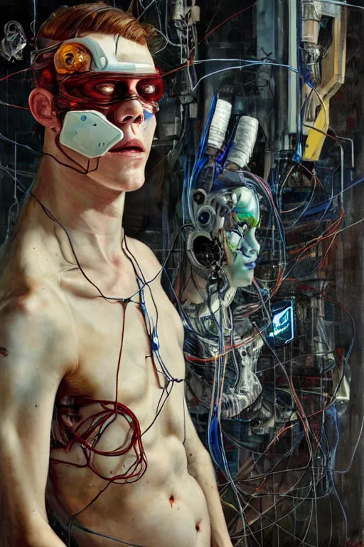 Image similar to cameron monaghan as a cyberpunk hacker, wires cybernetic implants, by esao andrews, jenny saville, james jean