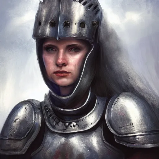 Prompt: head and shoulders portrait from an side angle of a female knight with a worried helmet, scars under her grey eyes. sad and tired eyes, broken neclace. background dark mystical castle! a few thin light rays on the castle. high detail, artstation top ten photo