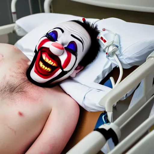 Image similar to confused laughing clown lying in hospital bed with wrist restraints on, restraint fabric straps attached to hospital bed, photograph, 8 k