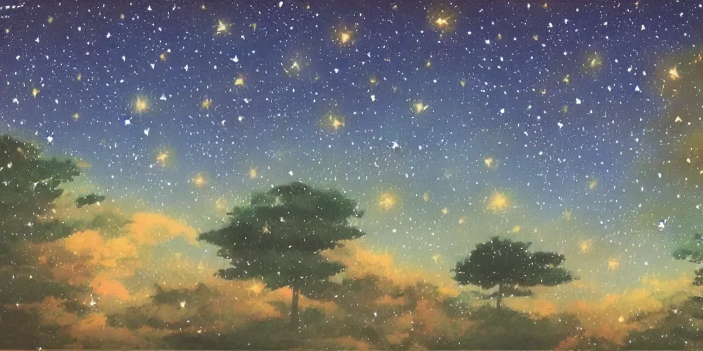 Image similar to night sky full of stars, soothing light, painting by studio ghibli - h 5 7 6