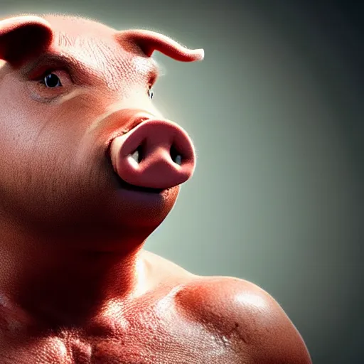 Image similar to Live Action Still Pig Man As Boxer with his hands raised in victory, real life, hyperrealistic, ultra realistic, realistic, highly detailed, epic, HD quality, 8k resolution, body and headshot, film still,Exquisite detail, post-processing, masterpiece, Cinematic Lighting, Unreal Engine, 8k, HD