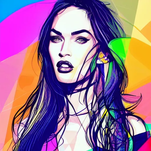 Prompt: megan fox colourful portrait by arunas kacinskas and mallory heyer, geometrical shapes and lines and small detailes, graphic design, sketch, minimalistic, procreate, digital illustration, vector illustration, doodle, pop, graphic, street art