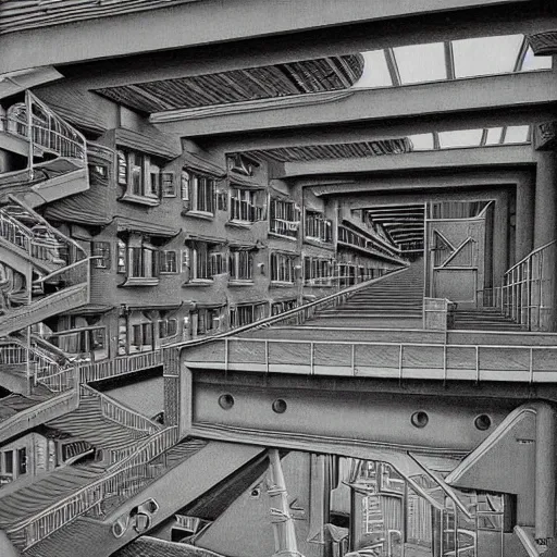 Prompt: mothership loading dock oil painting by MC Escher, hyperrealism