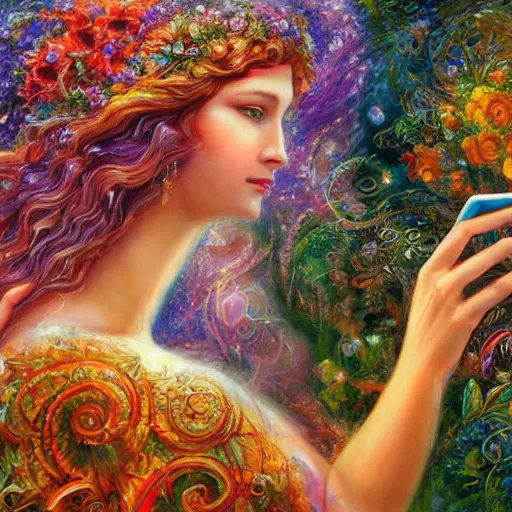 Image similar to a nature goddess checking her cell phone by senior concept artist josephine wall, acrylic on canvas, intricately detailed, high resolution trending on artstation