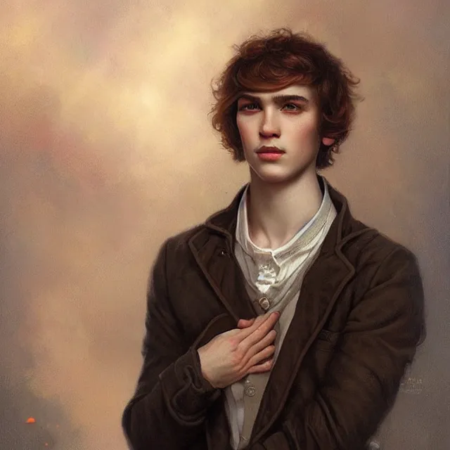 Prompt: a portrait of a content young man with short brown hair, art by tom bagshaw and manuel sanjulian