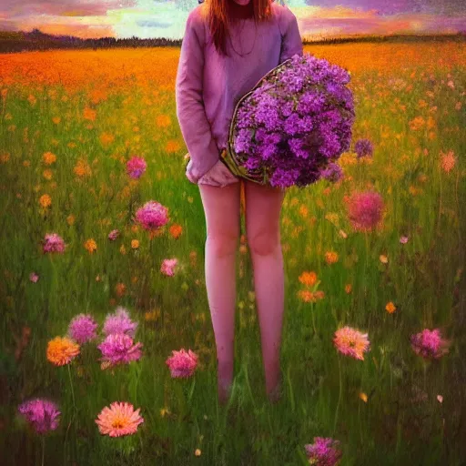 Prompt: girl with a flower head, surreal photography, dream, standing in flower field, magical, in a valley, sunrise dramatic light, impressionist painting, colorful clouds, artstation, simon stalenhag, flower face