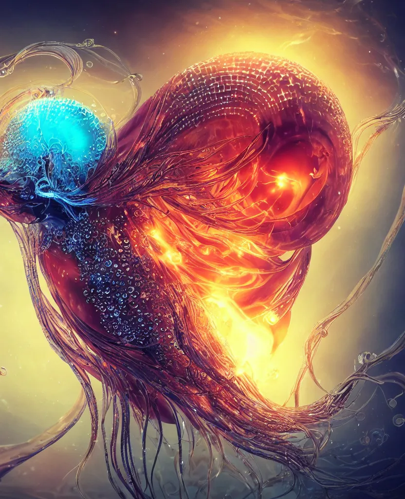 Image similar to close-up macro portrait of the face of a beautiful princess, epic angle and pose, symmetrical artwork, 3d with depth of field, blurred background, cybernetic jellyfish female face skull phoenix bird, translucent, nautilus, energy flows of water and fire. a highly detailed epic cinematic concept art CG render. made in Maya, Blender and Photoshop, octane render, excellent composition, cinematic dystopian brutalist atmosphere, dynamic dramatic cinematic lighting, aesthetic, very inspirational, arthouse. y Greg Rutkowski, Ilya Kuvshinov, WLOP, Stanley Artgerm Lau, Ruan Jia and Fenghua Zhong