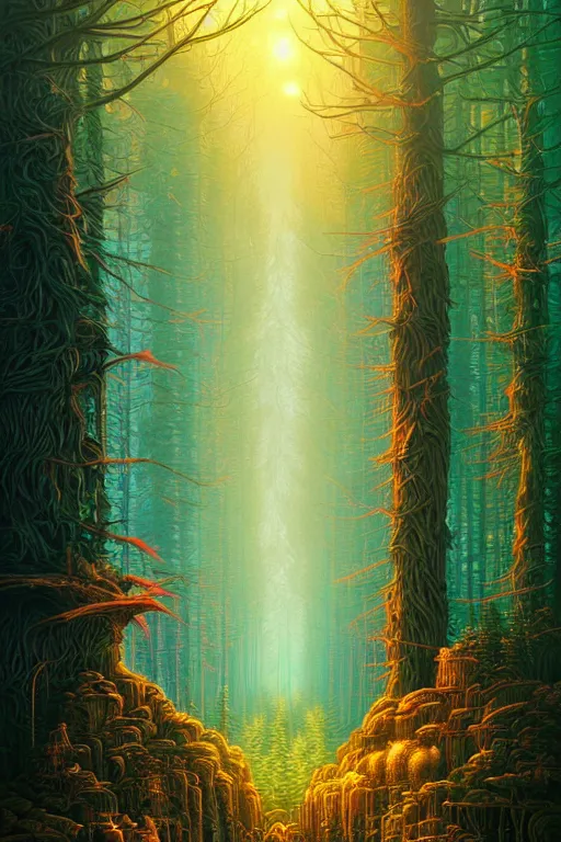 Prompt: fantasy forest. dan mumford beeple. michael cheval. anato finnstark.