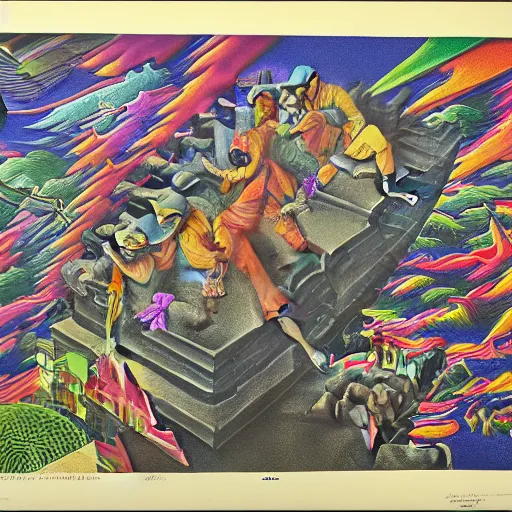 Image similar to Original M.C. Escher lithograph of the immorality of war, accurate details, hyperrealistic, extremely detailed, in the style of Lisa Frank