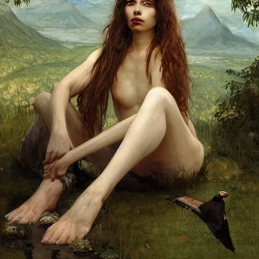 Image similar to Bird-Human-Hybrid, Harpy, sitting at a pond, mountainous area, trees in the background, oil painting, by Fernanda Suarez and Edgar Maxence and Greg Rutkowski