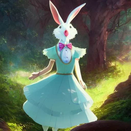 Image similar to concept art painting of an anthropomorphic white rabbit wearing a turquoise dress, in the deep forest, realistic, detailed, cel shaded, in the style of makoto shinkai and greg rutkowski and james gurney