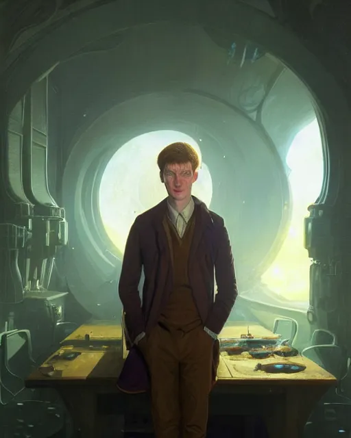 Image similar to medium - shot oil of vislor turlough played by mark strickson at age 1 8, sitting at the alien space pub, from doctor who series, artstation, highly detailed digital painting, smooth, global illumination, fantasy art by greg rutkowsky, karl spitzweg, leyendecker