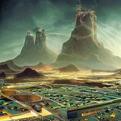 Image similar to the ethereal queen of technology bestows the gift of circuits to humanity. matte painting. fantastic.