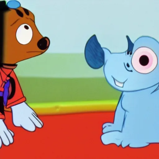 Image similar to screenshot of blue's clues with bloo from foster's home for imaginary friends