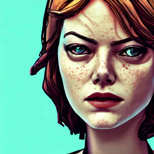 Image similar to emma stone carter portrait, borderlands, tales from the borderlands, the wolf among us, comic, cinematic lighting, studio quality, 8 k