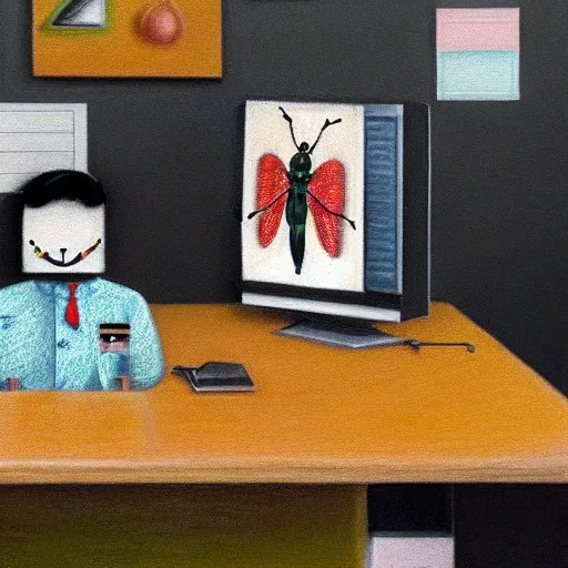 Prompt: a detailed pastel painting of a bug insect wearing a business suit and working behind the computer in the office. digital art, trending on artstation, 8k, hyper realistic in the style of Grant Wood