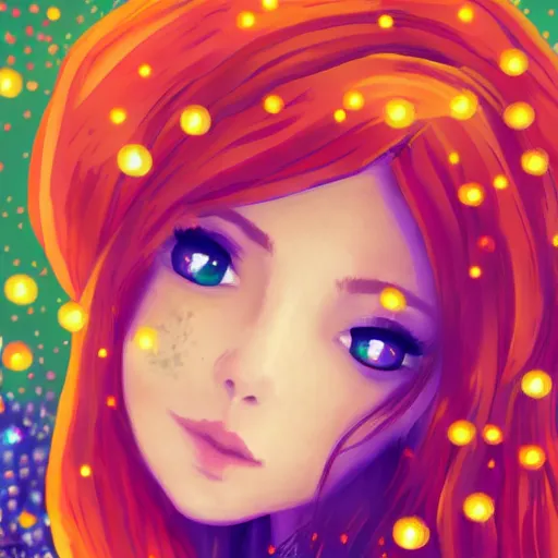 Image similar to portrait of a red haired girl softly smiling among fireflies, with long hair, green eyes, round face, hint of freckles, colorful pixel art