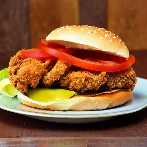 Prompt: fried chicken cheeseburger