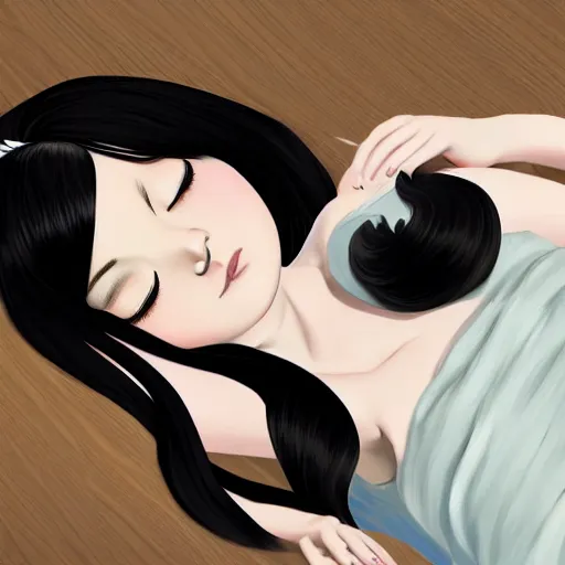 Image similar to little girl with an long black hair dressed in a simple white dress sleeping, anime art style, digital art ilya kuvshinov, inspired by balthus, hd, 4 k, hyper detailed, top view, dark