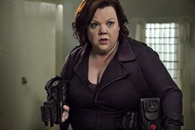 Image similar to Melissa McCarthy starring in Resident Evil, horror, cinematic style, realistic, 35mm