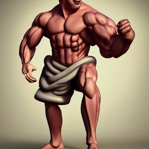 Image similar to extremely muscular bald man, small legs, exaggerated arms, 3 d model, gladiator, small head.