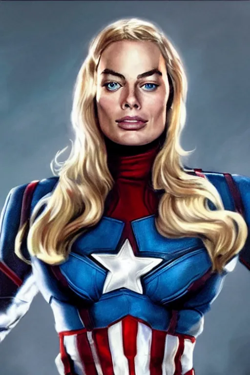 Prompt: A realistic portrait of margot robbie as captain america, highly detailed