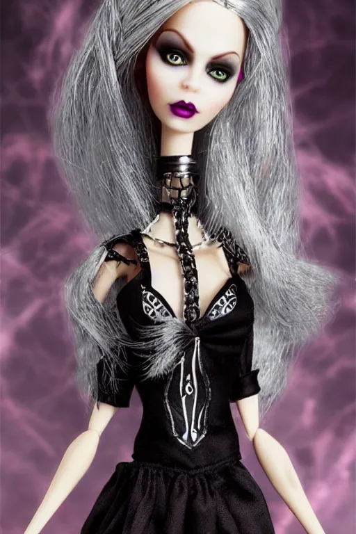 Image similar to gothic witch barbie doll, photorealistic, highly detailed,