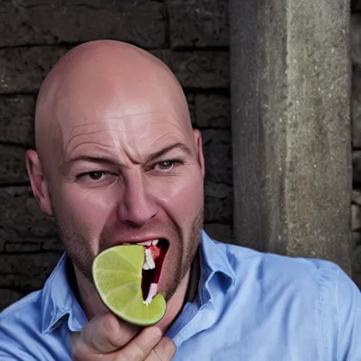 Prompt: angry bald swedish man biting into a raw lime on live camera