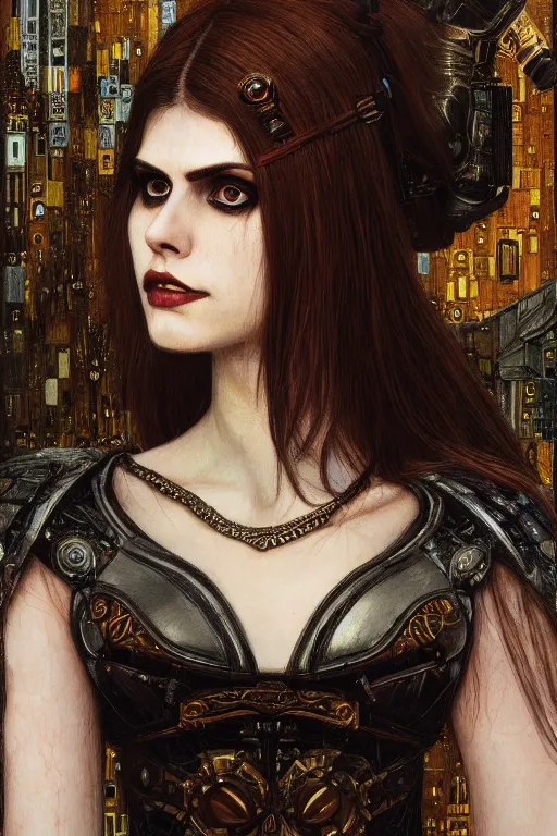 Image similar to portrait of beautiful gothic Alexandra Daddario, cyberpunk, Warhammer, highly detailed, artstation, illustration, art by Gustav Klimt