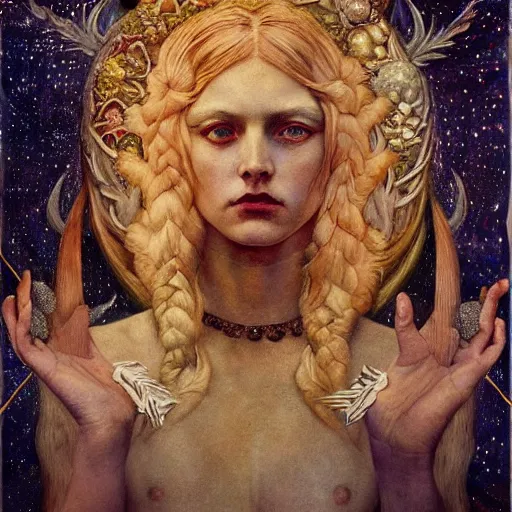 Prompt: queen of the moon with stars in her hair, by annie swynnerton and tino rodriguez and nicholas roerich and lucien freud and jean delville and charlie bowater, dramatic lighting, floral tattoos, rich colors, smooth sharp focus, extremely detailed, adolf wolfli