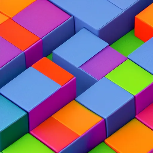 Image similar to an axonometric isometric photo of a closely stacked series of many individually coloured blocks. each blocks has a unique single colour and have a satin finish. are made of a satin resin. photorealistic, architectural model, octane render, path tracing