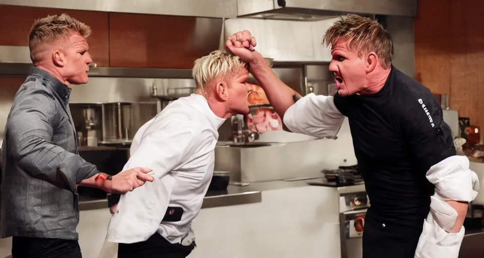 Image similar to photo of angry furious Gordon Ramsay punching Gordon Ramsay at the kitchen