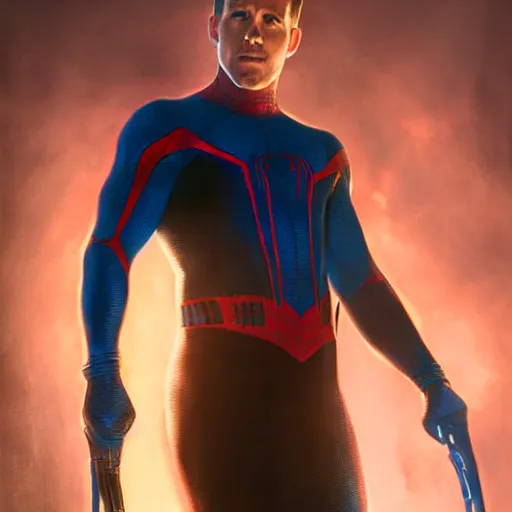 Image similar to ryan reynolds as spider - man, wearing a black and blue suit, cinematic, volumetric lighting, f 8 aperture, cinematic eastman 5 3 8 4 film, photorealistic by greg rutkowski, by stanley artgerm, by alphonse mucha