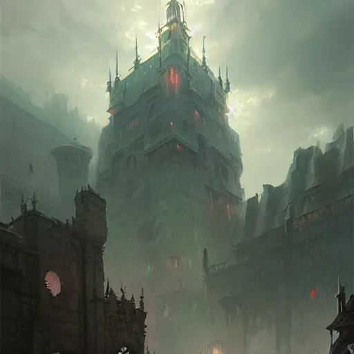 Prompt: dread tower - evil citadel. volumetric lighting, spring afternoon, overcast weather, realistic illustration, perfectly shaded, soft painting, art by krenz cushart and wenjun lin