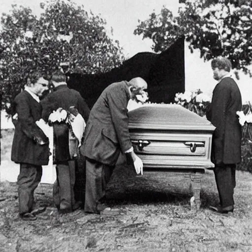 Image similar to an old photo of a funeral, with shrek laying in a casket, and donkey standing behind the lectern.