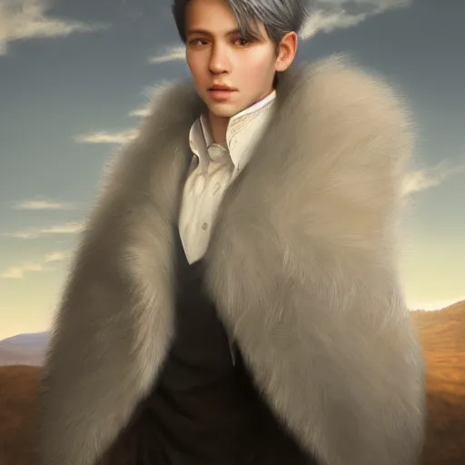 Prompt: a portrait of a young handsome prince with white fringy hair, epic beautiful landscape, elegant, beautiful, backlit, incredible lighting, strong rim light, highly detailed, god rays, digital painting, HDRI, by Heise Jinyao, Heise-Lian Yan Fang, Feimo, Richard Taddei, vivid colors, high contrast, 8k resolution, intricate, photorealistic, smooth