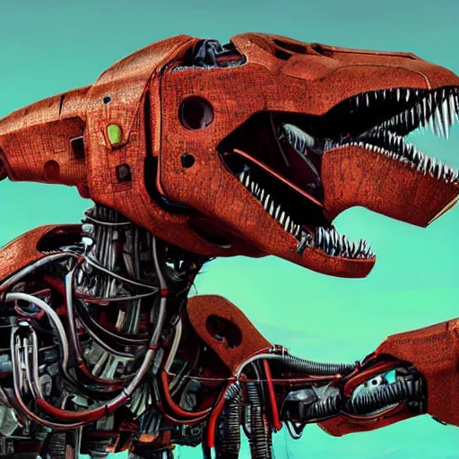 Image similar to a portrait photograph of a robot T-rex made of mechanical parts, cartoonish psychedelic paleoart rendering, realistic dinosaur cyborg in the style of simon stålenhag