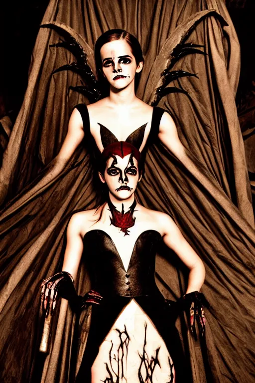 Image similar to dressed emma watson, a sinister demonic queen of cenobites, symmetrical, cinematic, elegant, demonic atmosphere, professional studio light, real dlsr photography, sharp focus, costume made by clive barker, real rotten flesh, blood and bones, 4 k, ultra hd, sense of awe