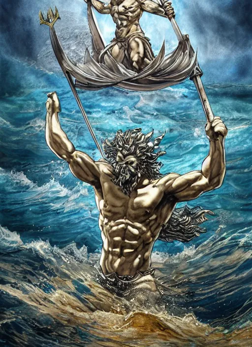 Image similar to Poseidon, the king of sea, with crown and trident rising from the ocean, watercolor, dramatic lighting, cinematic, establishing shot, extremly high detail, foto realistic, cinematic lighting, pen and ink, intricate line drawings, by Yoshitaka Amano, Ruan Jia, Kentaro Miura, Artgerm, post processed, artstation, matte painting, style by eddie mendoza, raphael lacoste, alex ross